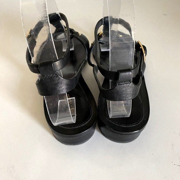 Pour La Victoire Acadia Sandal Black Leather Gold Thong Toe Ankle Strap … - Picture 5 of 6
